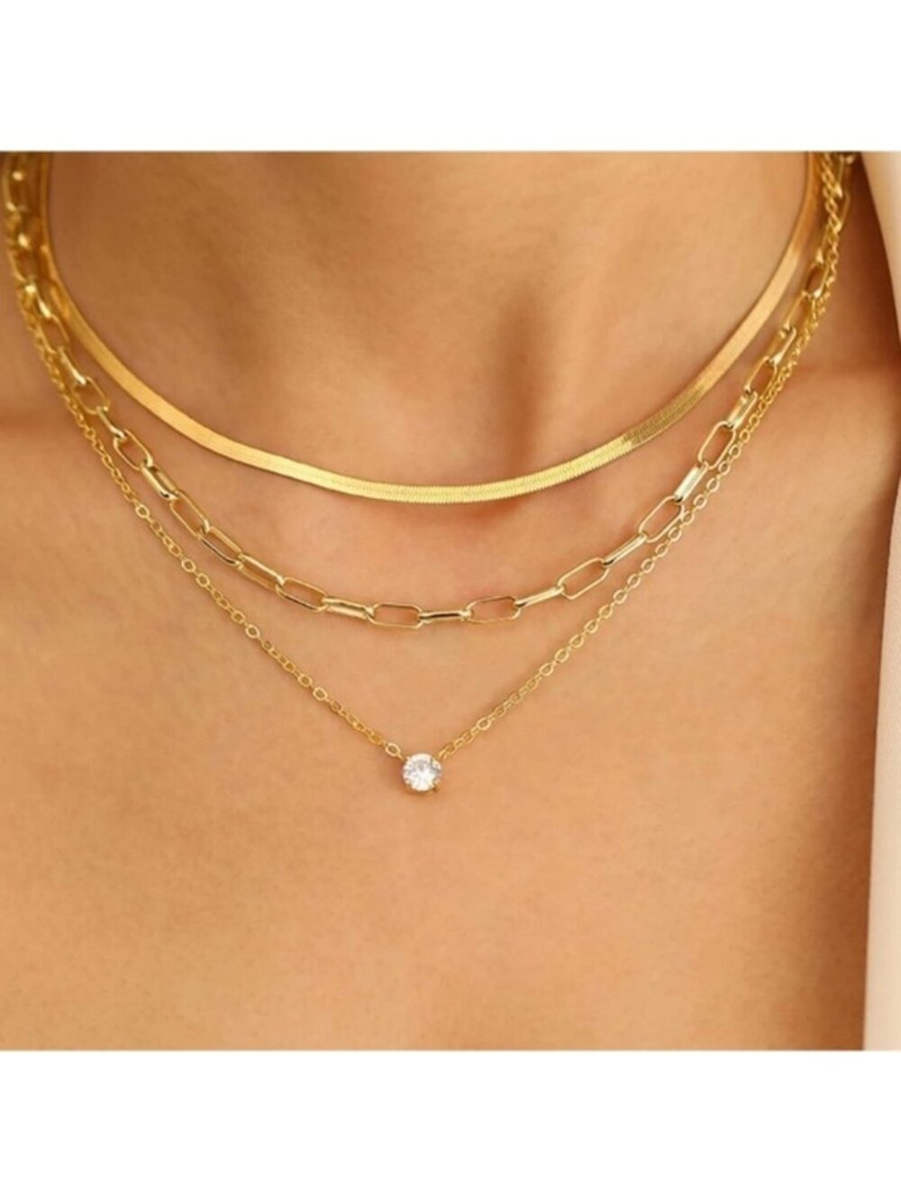 GOLD 14k Plated 3pc CZ Diamond Necklace Set
